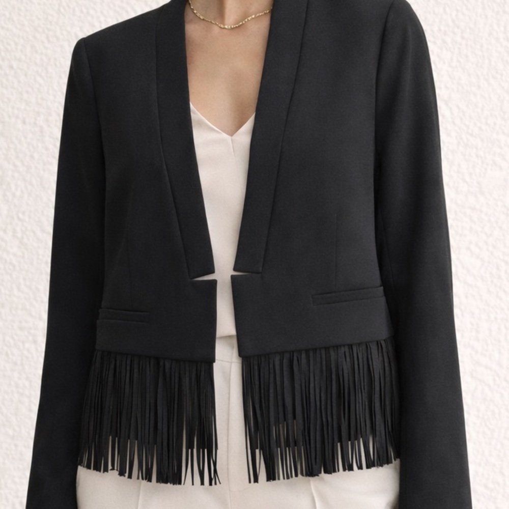 Banana Republic Fringed Black Cropped Open Front Wool Blend Blazer - Picture 13 of 13